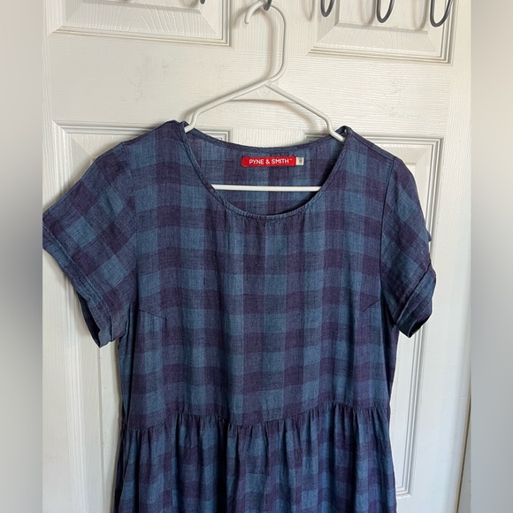 Pyne & Smith Navy & Peacock Check Linen Dress M - Picture 2 of 5